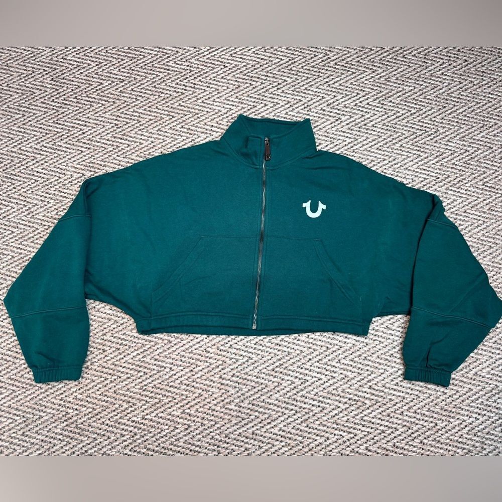 True Religion Teal Cropped Sweatshirt with Embroidered Logo - Size XS (A096)
